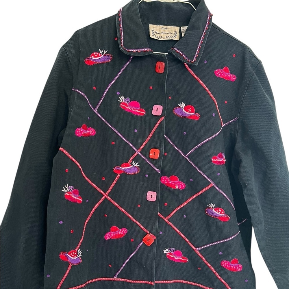 Vintage -Style Red Hat Society Jacket - Black Denim, Bold Stitching & Buttons